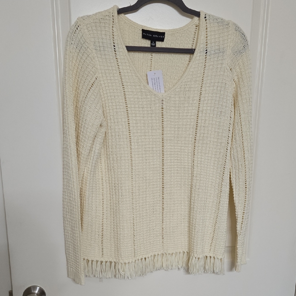 Susan Graver Ivory V-Neck Sweater with Fringe